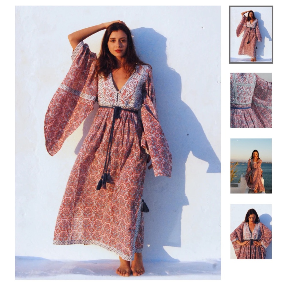 Buggy NYC loulou quilted kaftan dress Nantucket floral paisley kimono sleeves M